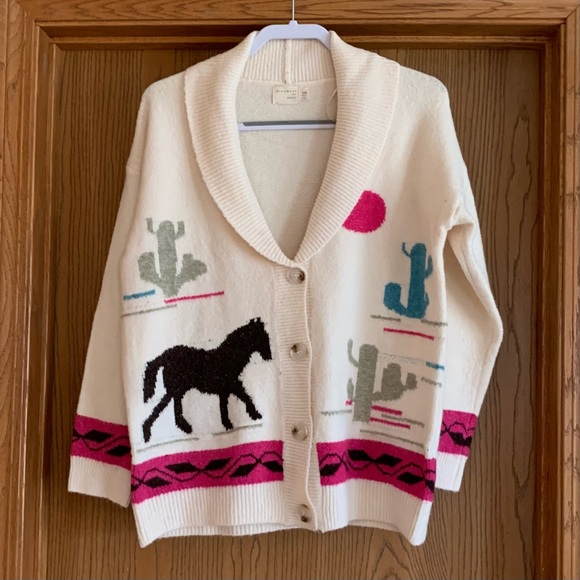 Dreamers By Debut Sweaters - Vintage-Inspired Cream Cardigan with Horse & Cactus Motif